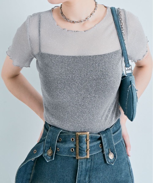 kirakiraShop(キラキラショップ)の「ラメ シアー メロウ トップス(Tシャツ/カットソー・レディース・ホワイト/ブラウン/ピンク/ベージュ/ダークグレー/シルバー/ブラック/アイボリー/ワイン・FREE)」の18枚目の写真