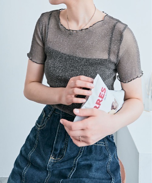 スカルカットソー　ラメ セール】発泡ラメプリント Tシャツ（Tシャツ/カットソー