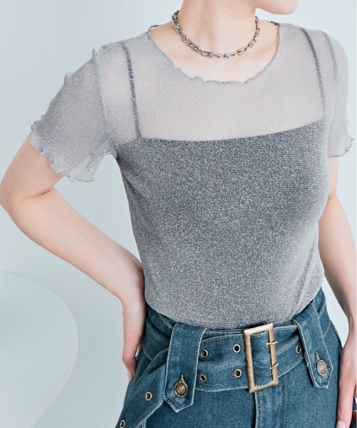 kirakiraShop(キラキラショップ)の「ラメ シアー メロウ トップス(Tシャツ/カットソー・レディース・ホワイト/ブラウン/ピンク/ベージュ/ダークグレー/シルバー/ブラック/アイボリー/ワイン・FREE)」の12枚目の写真