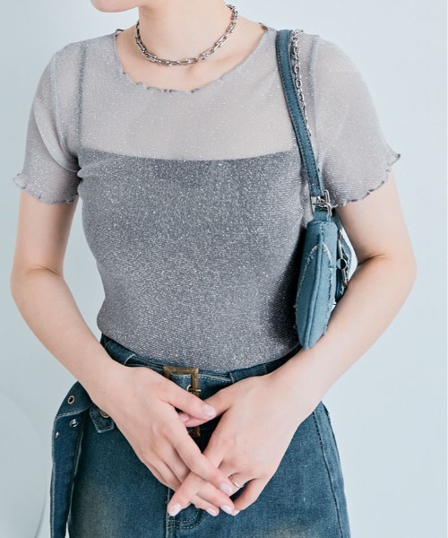 kirakiraShop(キラキラショップ)の「ラメ シアー メロウ トップス(Tシャツ/カットソー・レディース・ホワイト/ブラウン/ピンク/ベージュ/ダークグレー/シルバー/ブラック/アイボリー/ワイン・FREE)」の11枚目の写真