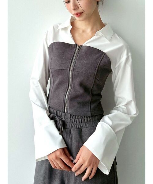 RESEXXY（リゼクシー）の「スウェットビスチェドッキングシャツ【セットアップ着用可能】（シャツ/ブラウス・レディース・チャコールグレー/ブラック/アイボリー・FREE）」の3枚目の写真