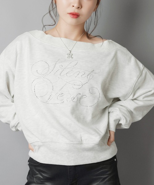 rinko【新品】ボンディングオフショルスウェット 裏毛オフショルスウェット/ラインストーンロゴ（スウェット）｜SPINNS