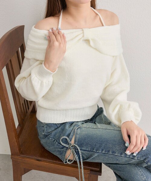 OLIVE des OLIVE(オリーブデオリーブ)の「リボンオフショルニット(ニット/セーター・レディース・ブラック/オフホワイト/サックスブルー・FREE)」の7枚目の写真