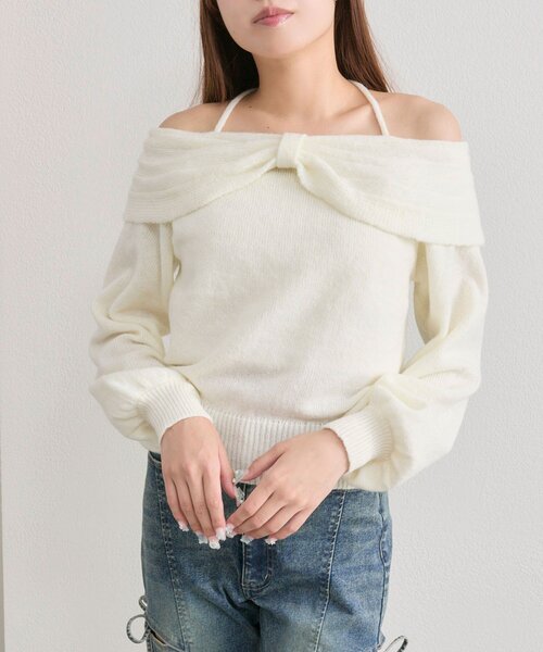 OLIVE des OLIVE(オリーブデオリーブ)の「リボンオフショルニット(ニット/セーター・レディース・ブラック/オフホワイト/サックスブルー・FREE)」の8枚目の写真