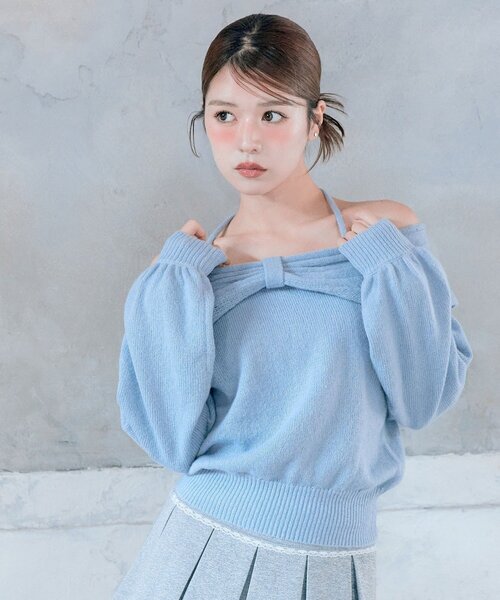 OLIVE des OLIVE(オリーブデオリーブ)の「リボンオフショルニット(ニット/セーター・レディース・ブラック/オフホワイト/サックスブルー・FREE)」の19枚目の写真
