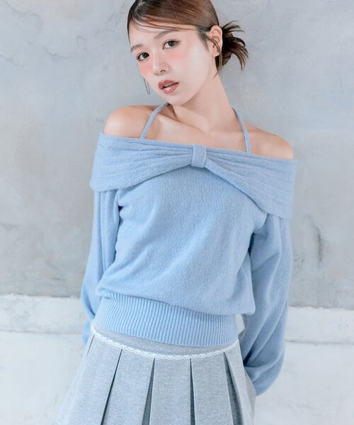 OLIVE des OLIVE（オリーブデオリーブ）の「リボンオフショルニット（ニット/セーター・レディース・ブラック/オフホワイト/サックスブルー・FREE）」の7枚目の写真
