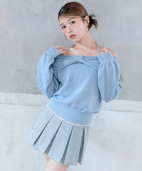 OLIVE des OLIVE（オリーブデオリーブ）の「リボンオフショルニット（ニット/セーター・レディース・ブラック/オフホワイト/サックスブルー・FREE）」の8枚目の写真