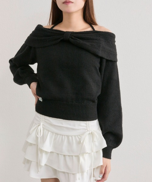 OLIVE des OLIVE（オリーブデオリーブ）の「リボンオフショルニット（ニット/セーター・レディース・ブラック/オフホワイト/サックスブルー・FREE）」の6枚目の写真