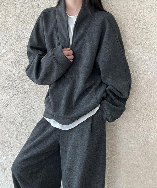 セール】ハーフジップトップスとワイドパンツのセットアップ