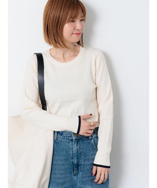 Lugnoncure（ルノンキュール）の「配色クルーネックリブニット（ニット/セーター・レディース・ブラック/オフホワイト/グレー・F）」の6枚目の写真