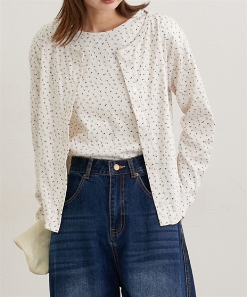 nissen(ニッセン)の「パターンメッシュ素材アンサンプル(長袖カーデ+半袖トップス)(Tシャツ/カットソー・レディース・グレー系/アイボリー系・M/L/LL)」の2枚目の写真
