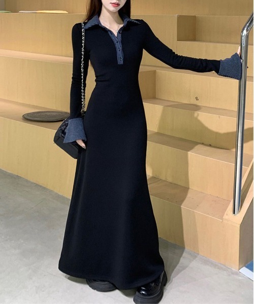 セール】ブラック ノーカラー フィット フリル ワンピース（ワンピース