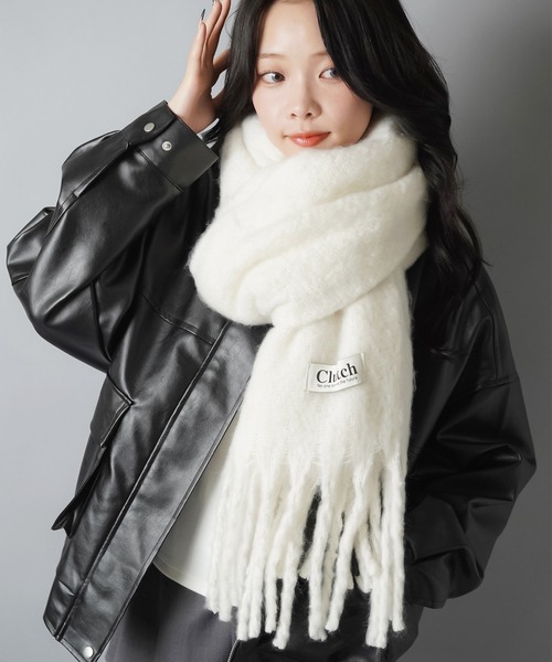 男女兼用~~ ロゴマフラー ベージュ/ブラック aab ふんわり軽く、しっかり暖かい。冬の主役級マフラー（マフラー