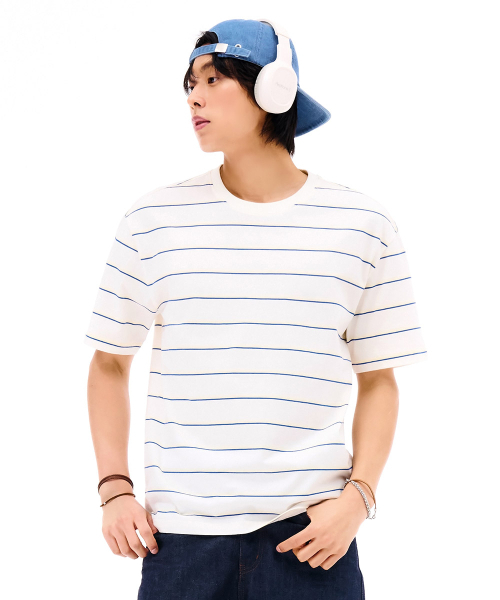 CHASECULT(チェイスカルト)の「ユニセックスストライプ半袖Tシャツ-アイボリー(Tシャツ/カットソー・メンズ・オートミール・90/100/95/105)」の1枚目の写真
