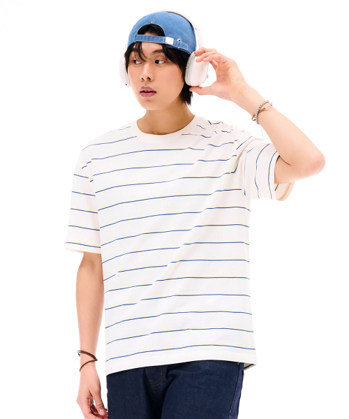 CHASECULT(チェイスカルト)の「ユニセックスストライプ半袖Tシャツ-アイボリー(Tシャツ/カットソー・メンズ・オートミール・90/100/95/105)」の2枚目の写真