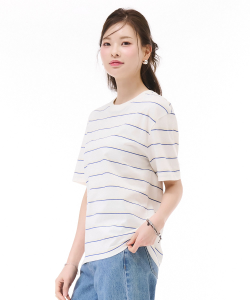 CHASECULT(チェイスカルト)の「ユニセックスストライプ半袖Tシャツ-アイボリー(Tシャツ/カットソー・メンズ・オートミール・90/100/95/105)」の5枚目の写真