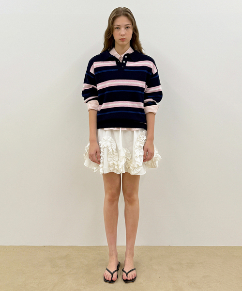 SINOON（シヌーン）の「Sinoon Striped Polo Knit (Navy)（ニット/セーター・レディース・ネイビー・FREE）」の2枚目の写真