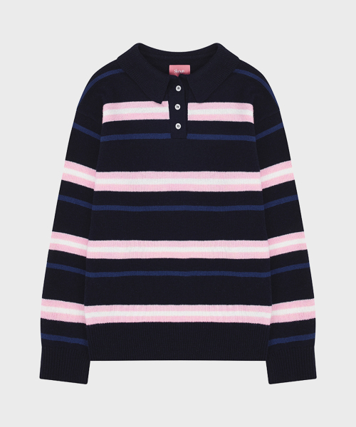 SINOON（シヌーン）の「Sinoon Striped Polo Knit (Navy)（ニット/セーター・レディース・ネイビー・FREE）」の4枚目の写真
