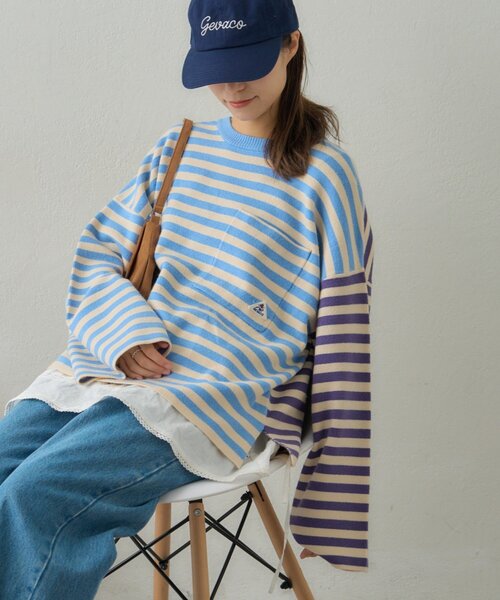 GEVACO（ゲバコ）の「【GEVACO】ショートボーダーニットプルオーバー（ニット/セーター・レディース・レッド/ブルー系その他/チャコールグレー・ONE SIZE）」の3枚目の写真