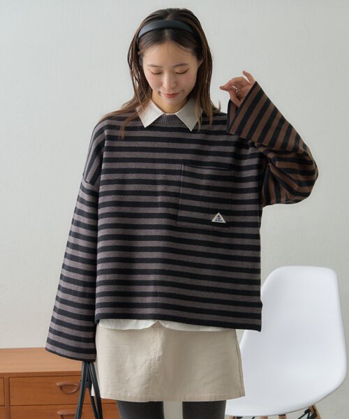 GEVACO（ゲバコ）の「【GEVACO】ショートボーダーニットプルオーバー（ニット/セーター・レディース・レッド/ブルー系その他/チャコールグレー・ONE SIZE）」の2枚目の写真