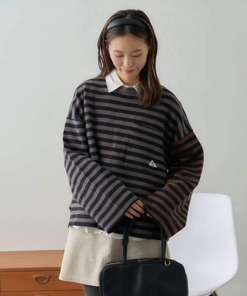 GEVACO（ゲバコ）の「【GEVACO】ショートボーダーニットプルオーバー（ニット/セーター・レディース・レッド/ブルー系その他/チャコールグレー・ONE SIZE）」の4枚目の写真