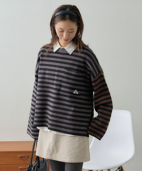 GEVACO（ゲバコ）の「【GEVACO】ショートボーダーニットプルオーバー（ニット/セーター・レディース・レッド/ブルー系その他/チャコールグレー・ONE SIZE）」の5枚目の写真