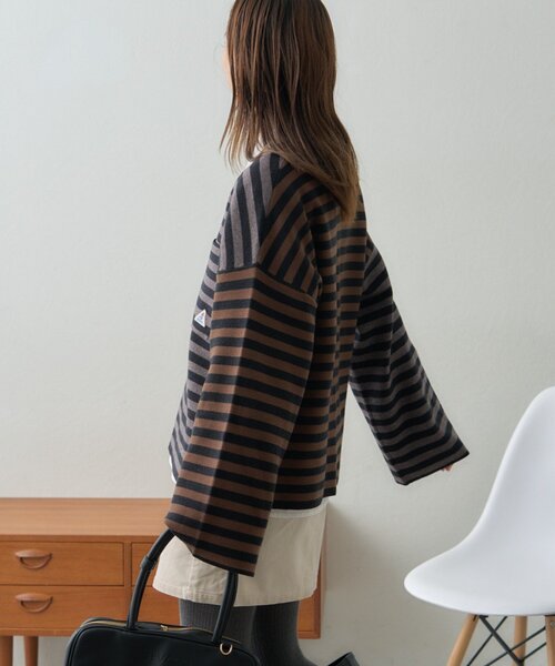 GEVACO（ゲバコ）の「【GEVACO】ショートボーダーニットプルオーバー（ニット/セーター・レディース・レッド/ブルー系その他/チャコールグレー・ONE SIZE）」の8枚目の写真