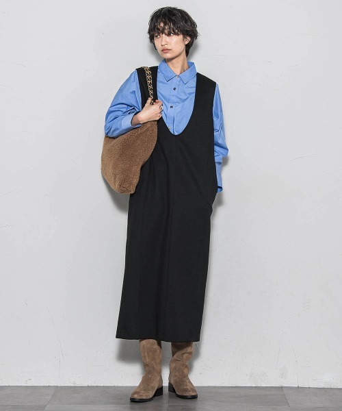 MAYSON GREY（メイソングレイ）の「【ノンアイロン】-3kg見えIラインワンピース≪手洗い可能≫（ワンピース・レディース・ブラック/チャコールグレー・M）」の6枚目の写真