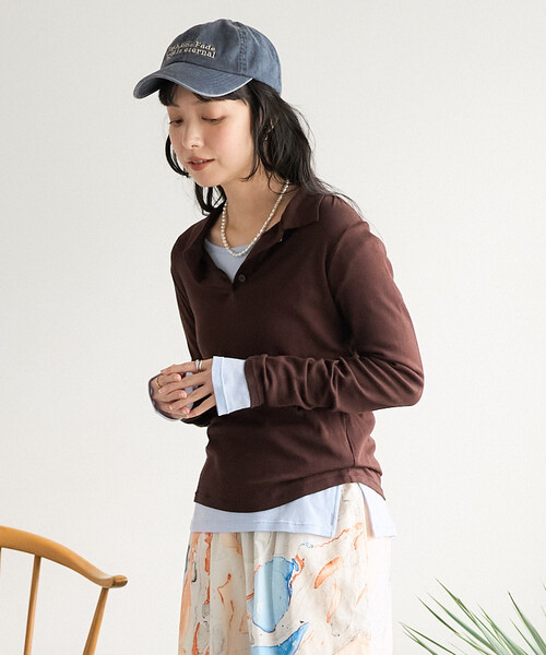 FREAK'S STORE(フリークスストア)の「コットンブレンド ポロ襟 ロンT/ポロロングスリーブ(Tシャツ/カットソー・レディース・ブラウン/レモンイエロー/ブラック・フリ-)」の3枚目の写真
