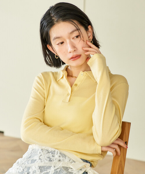 FREAK'S STORE(フリークスストア)の「コットンブレンド ポロ襟 ロンT/ポロロングスリーブ(Tシャツ/カットソー・レディース・ブラウン/レモンイエロー/ブラック・フリ-)」の10枚目の写真