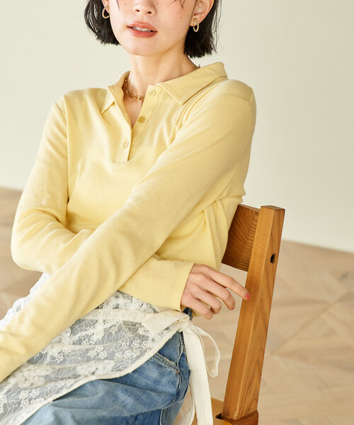 FREAK'S STORE(フリークスストア)の「コットンブレンド ポロ襟 ロンT/ポロロングスリーブ(Tシャツ/カットソー・レディース・ブラウン/レモンイエロー/ブラック・フリ-)」の12枚目の写真