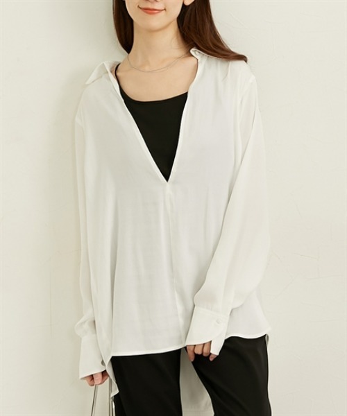 nissen（ニッセン）の「深Ｖネックビッグシルエットスキッパーシャツ（シャツ/ブラウス・レディース・グレー/アイボリー・M/L/LL）」の3枚目の写真