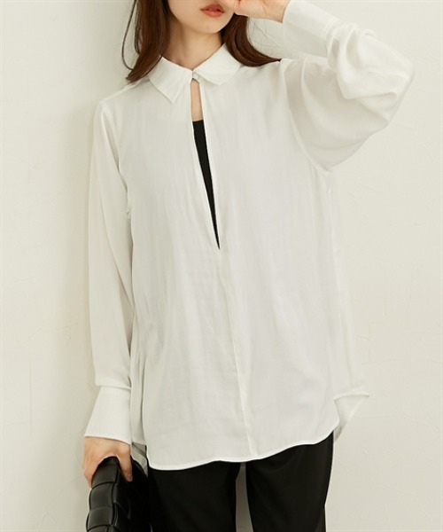 nissen（ニッセン）の「深Ｖネックビッグシルエットスキッパーシャツ（シャツ/ブラウス・レディース・グレー/アイボリー・M/L/LL）」の4枚目の写真