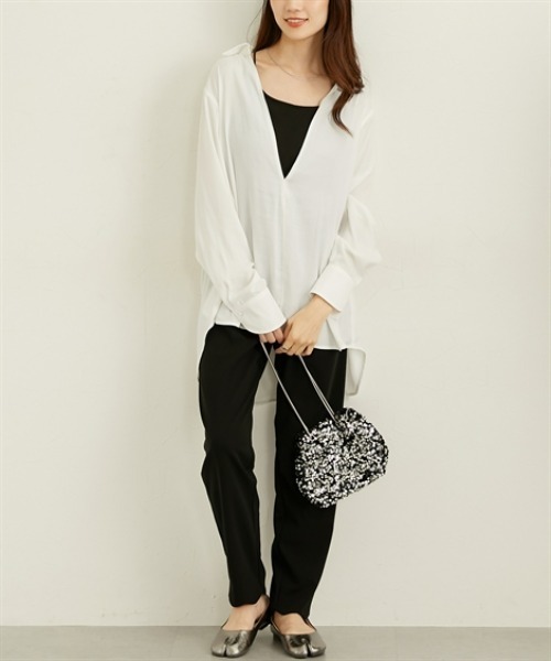 nissen（ニッセン）の「深Ｖネックビッグシルエットスキッパーシャツ（シャツ/ブラウス・レディース・グレー/アイボリー・M/L/LL）」の9枚目の写真