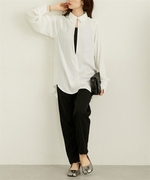 nissen（ニッセン）の「深Ｖネックビッグシルエットスキッパーシャツ（シャツ/ブラウス・レディース・グレー/アイボリー・M/L/LL）」の11枚目の写真