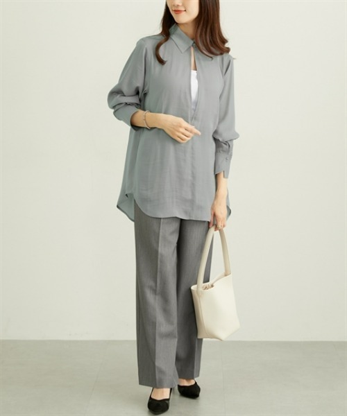 nissen（ニッセン）の「深Ｖネックビッグシルエットスキッパーシャツ（シャツ/ブラウス・レディース・グレー/アイボリー・M/L/LL）」の20枚目の写真