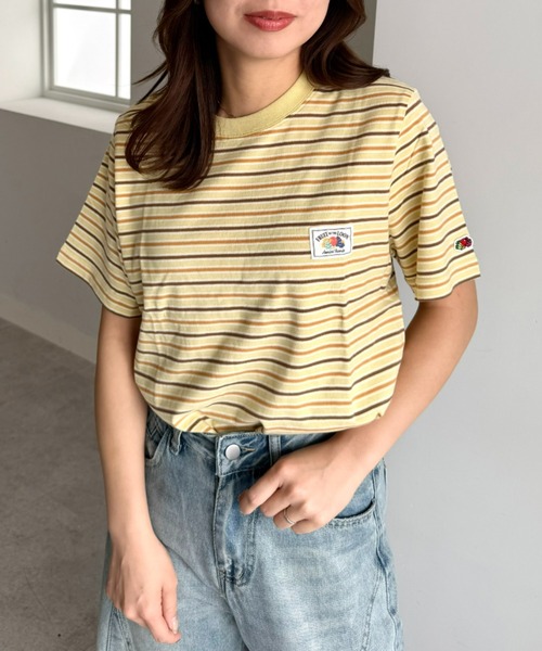 FRUIT OF THE LOOM(フルーツオブザルーム)の「【FRUIT OFTHE LOOM×UNDOVE】別注 綿100%カジュアルボーダーTシャツ (フルーツオブザルーム/FTL/フルーツ柄/フルーツロゴ/ランダムボーダー/ピスネームロゴ/ストレッチ/)(Tシャツ/カットソー・レディース・イエロー系その他/アイボリー系・MEDIUM/LARGE/X-LARGE)」の1枚目の写真