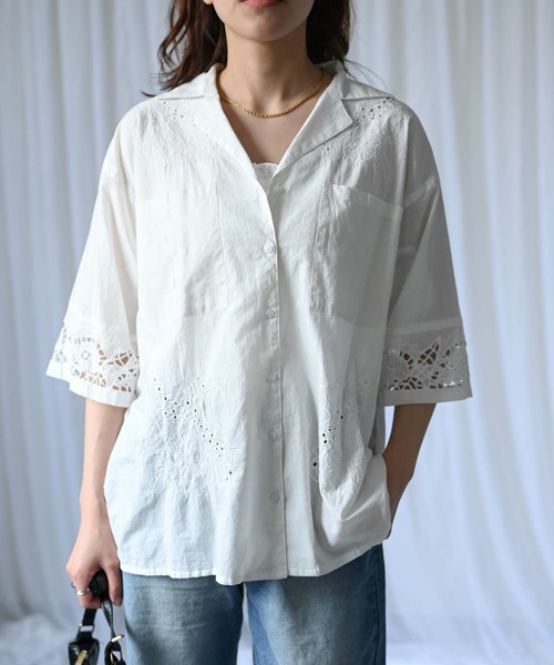 &HALF(アンドハーフ)の「【indian Cotton Collection】インド綿刺繍オープンカラーシャツ(シャツ/ブラウス・レディース・オフホワイト/ブラック・M/L)」の7枚目の写真