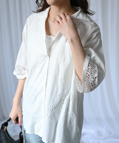 &HALF(アンドハーフ)の「【indian Cotton Collection】インド綿刺繍オープンカラーシャツ(シャツ/ブラウス・レディース・オフホワイト/ブラック・M/L)」の10枚目の写真