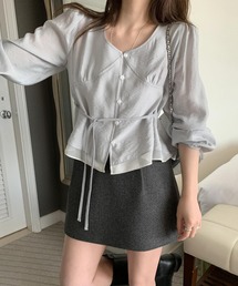 リボンパフスリーブシングルブレストVネックシャツ
