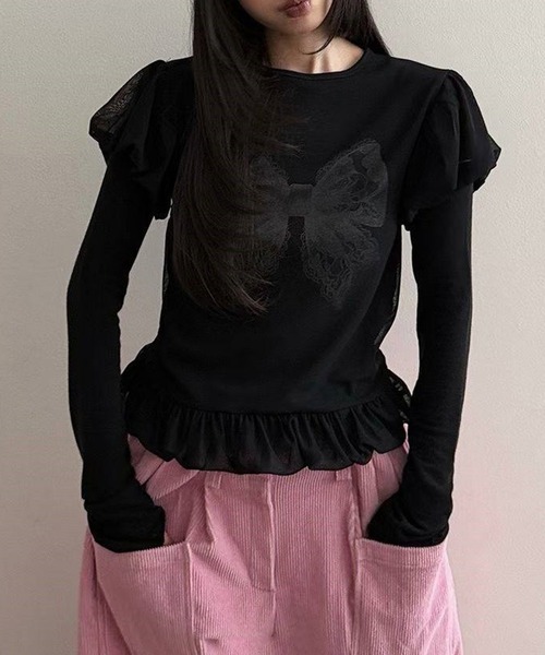 leune(ルネ)の「レイヤードバルーンリボントップス(Tシャツ/カットソー・レディース・オフホワイト/ブラック/ピンク・FREE)」の2枚目の写真