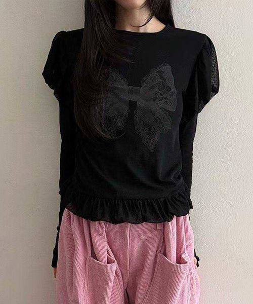 leune(ルネ)の「レイヤードバルーンリボントップス(Tシャツ/カットソー・レディース・オフホワイト/ブラック/ピンク・FREE)」の5枚目の写真