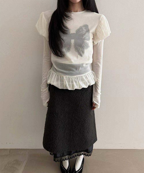leune(ルネ)の「レイヤードバルーンリボントップス(Tシャツ/カットソー・レディース・オフホワイト/ブラック/ピンク・FREE)」の11枚目の写真