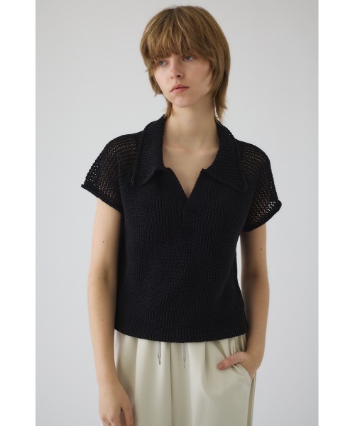 RIM.ARK(リムアーク)の「Linen mix open collar tops リネン ミックス オープン カラー トップス(ニット/セーター・レディース・ブラック/ライトベージュ/ダークブルー・FREE)」の1枚目の写真