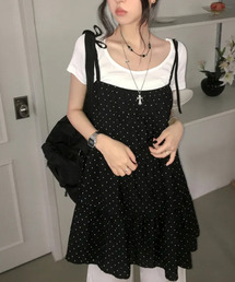 ドット リボンストラップ フレアミニワンピース