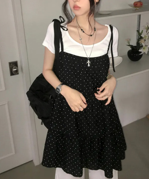 VIVID LADY(ビビッドレディー)の「ドット リボンストラップ フレアミニワンピース(ワンピース・レディース・ブラック・FREE)」の1枚目の写真