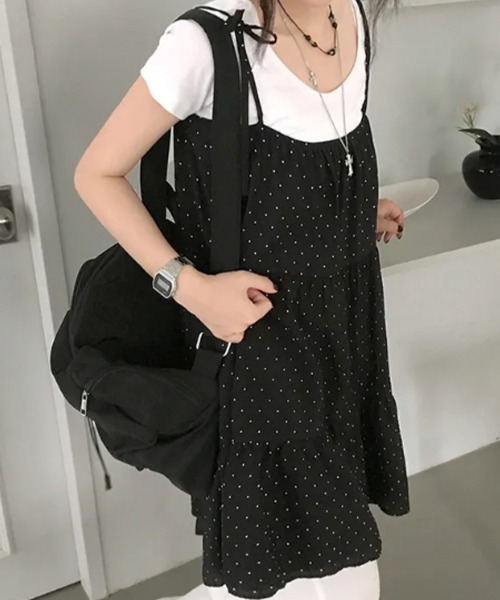 VIVID LADY(ビビッドレディー)の「ドット リボンストラップ フレアミニワンピース(ワンピース・レディース・ブラック・FREE)」の4枚目の写真
