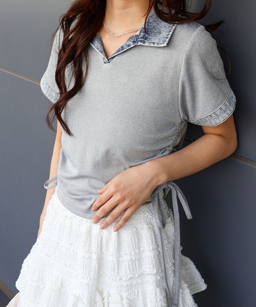 SpRay（スプレイ）の「テレコデニム切替ショートスリーブスキッパートップス（Tシャツ/カットソー・レディース・ネイビー/アイボリー/グレー/ブラック・FREE）」の2枚目の写真