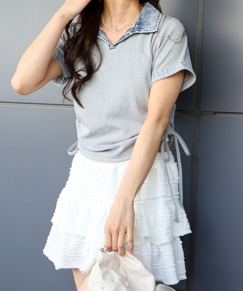 SpRay（スプレイ）の「テレコデニム切替ショートスリーブスキッパートップス（Tシャツ/カットソー・レディース・ネイビー/アイボリー/グレー/ブラック・FREE）」の15枚目の写真