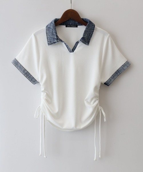 SpRay（スプレイ）の「テレコデニム切替ショートスリーブスキッパートップス（Tシャツ/カットソー・レディース・ネイビー/アイボリー/グレー/ブラック・FREE）」の22枚目の写真